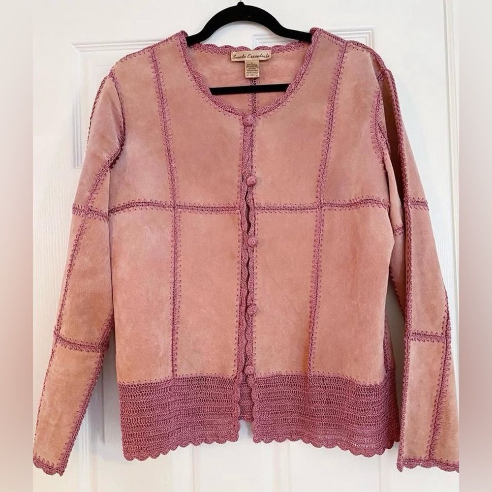 Western Coastal Cowgirl Cottage Bohemian Pink Suede Boho Crochet Leather Jacket